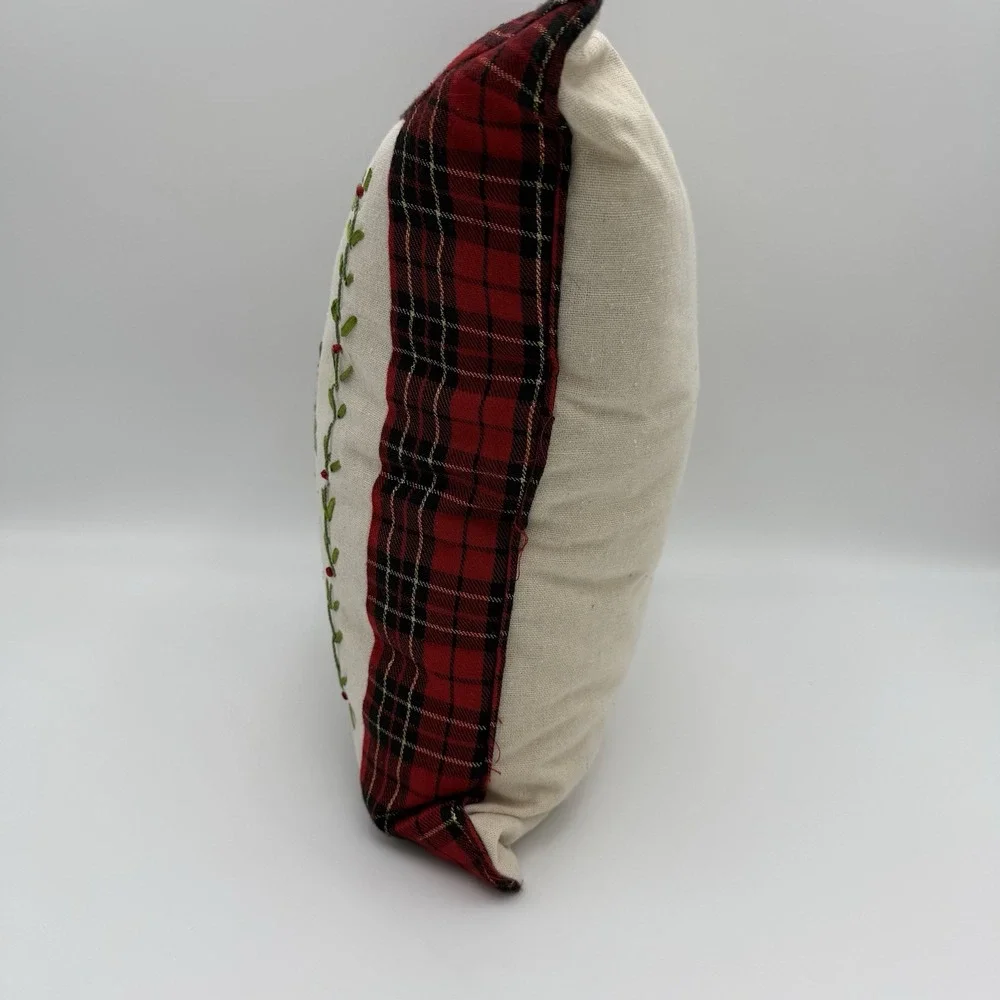 Christmas Throw Pillow Embroidered Quilted Plaid 3D Folksy Rustic Acorn Tree‎